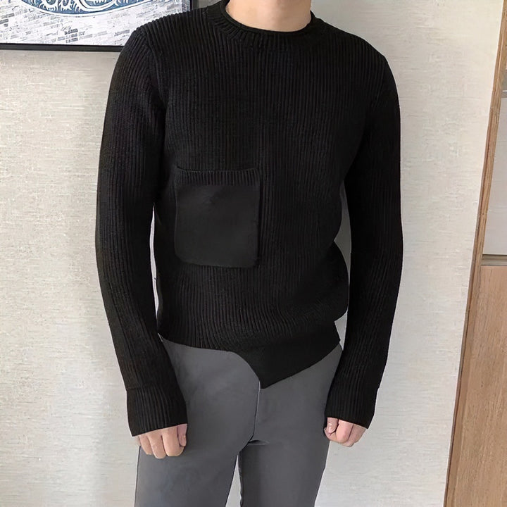 Men's coarse ribbed round neck pullover with patch chest pocket Mune Fashion