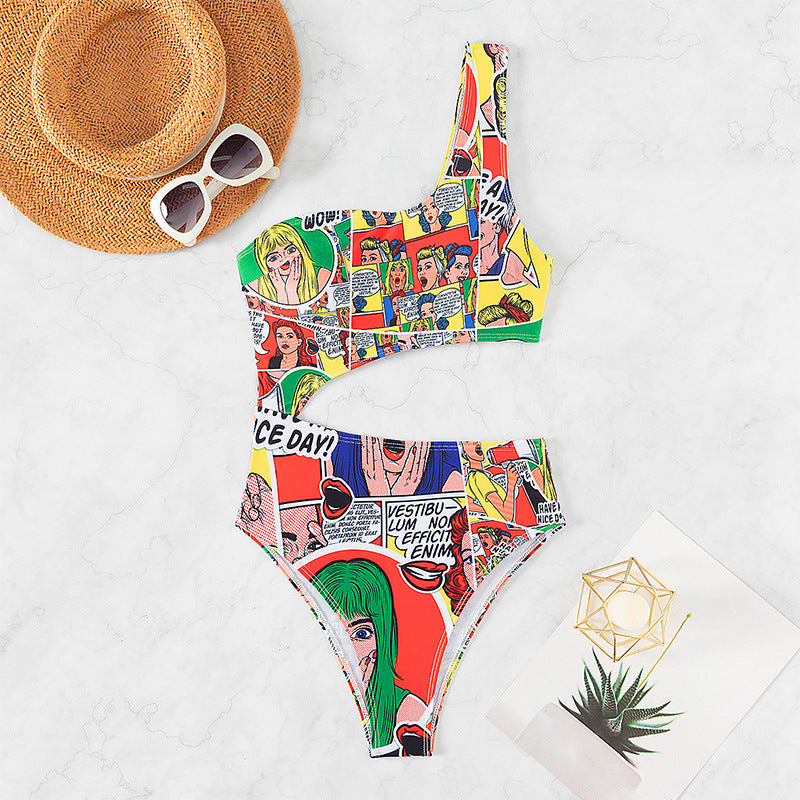 Women Cut-Out Swimsuit with Asymmetric Design and Comic-Inspired Pattern Mune Fashion