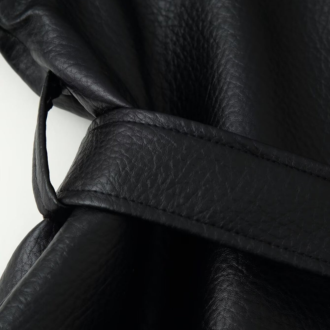 Women's short blazer made of vegan leather with shawl collar and waist tie belt Mune Fashion