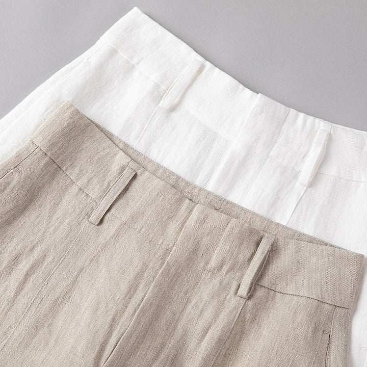 Women High-waisted Linen Trousers with Wide Leg, Crease and Belt Loops Mune Fashion