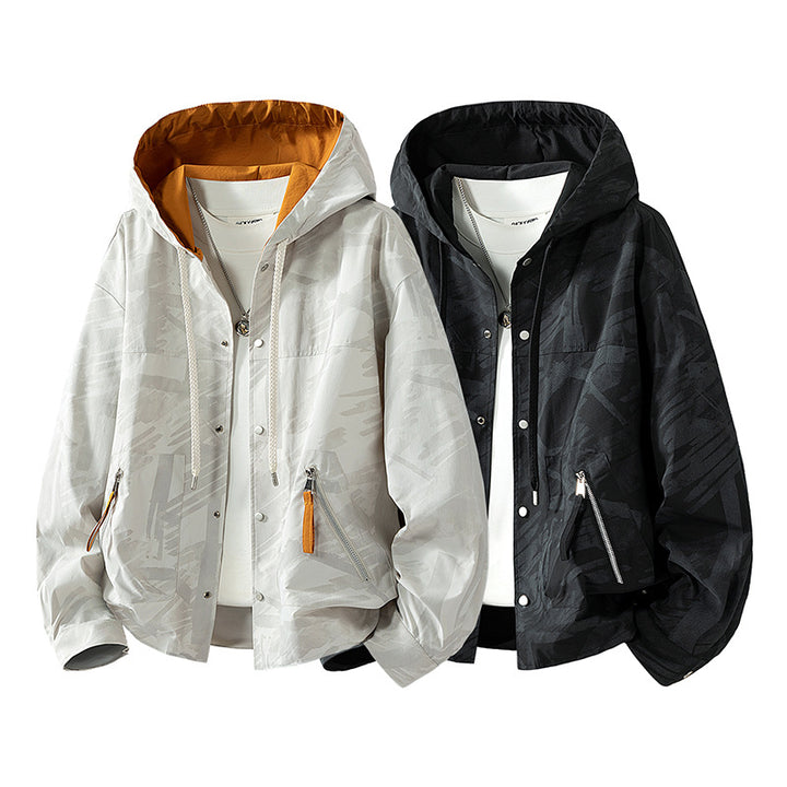 Men's lightweight hooded sweatshirt with subtle print, snap button placket, and slanted zip pockets Mune Fashion