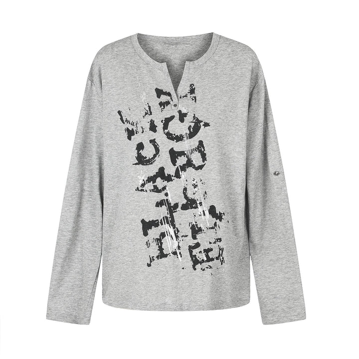 Women Casual Long Sleeve Shirt with Notch Neckline, Oversized Silhouette and Print Graphic Mune Fashion