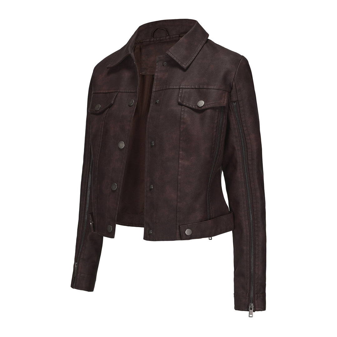 Ladies short cropped trucker jacket made of suede look with side zippers and patch chest pockets Mune Fashion