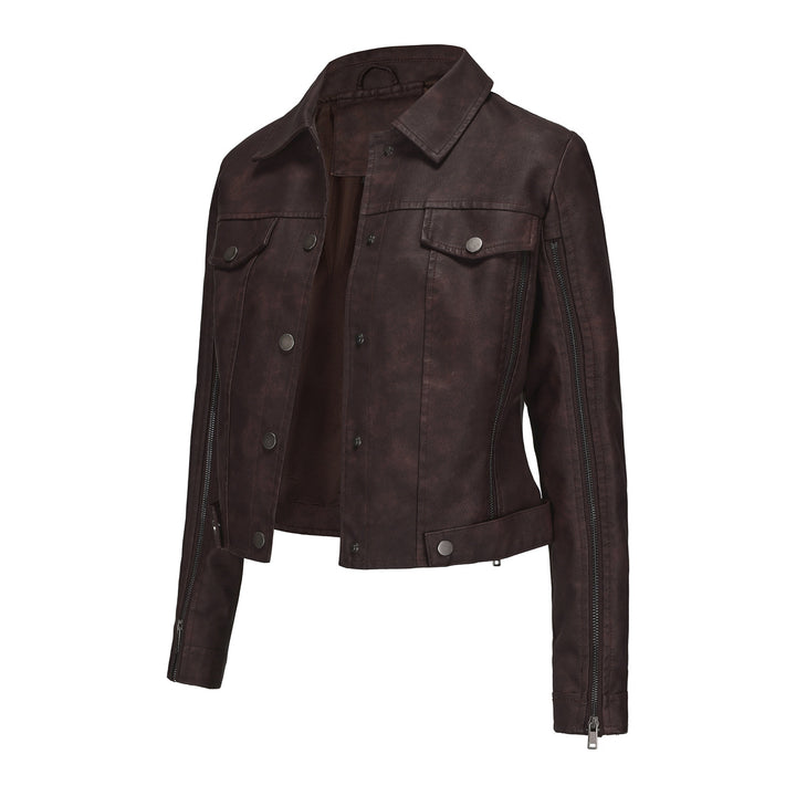Ladies short cropped trucker jacket made of suede look with side zippers and patch chest pockets Mune Fashion