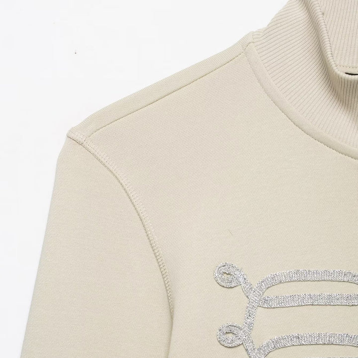 Women's Short-Cut Sweat Jacket with Stand-Up Collar and Military-Inspired Decorative Cords Drune