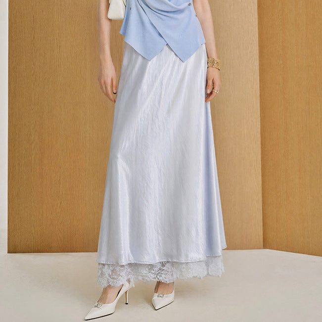 Women's flared satin midi skirt with fine lace lining and seamless waistband Mune Fashion
