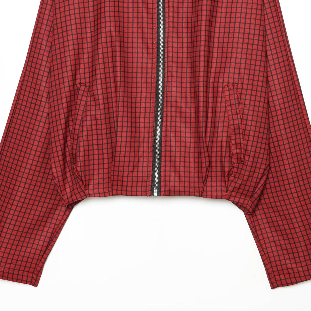 Women's Checked Cropped Bomber Jacket with High Stand Collar, Elastic Hem and Full Zip Mune Fashion