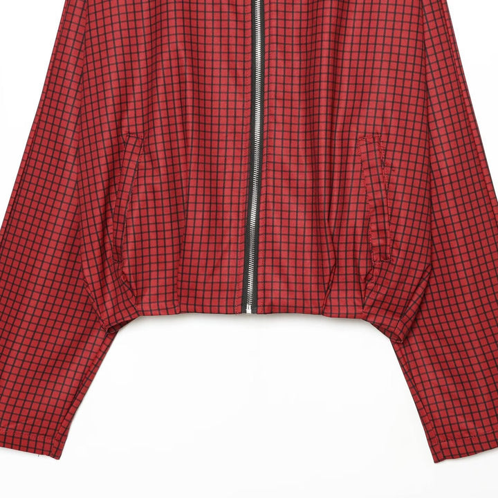Women's Checked Cropped Bomber Jacket with High Stand Collar, Elastic Hem and Full Zip Mune Fashion