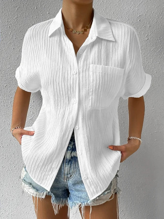 Women's crinkle effect shirt blouse with breast pocket, rolled sleeves and loose fit Mune Fashion