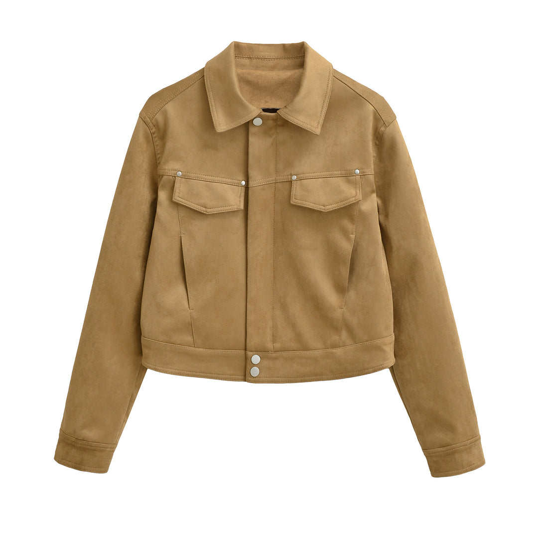 Women Short Velvet-Look Jacket with Snap Button Placket and Patch Breast Pockets Mune Fashion