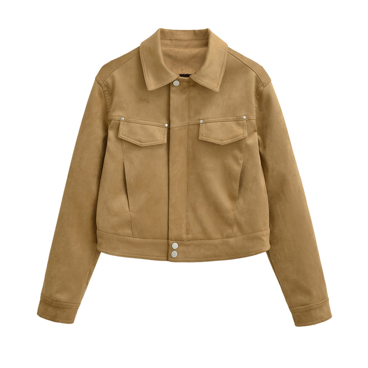 Women Short Velvet-Look Jacket with Snap Button Placket and Patch Breast Pockets Mune Fashion