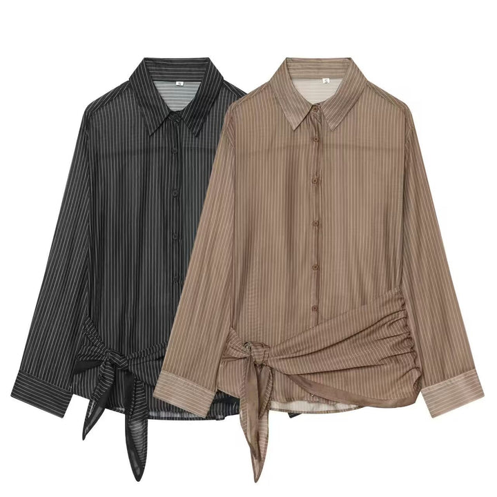 Women's blouse in silk look with pinstripes and side knot detail