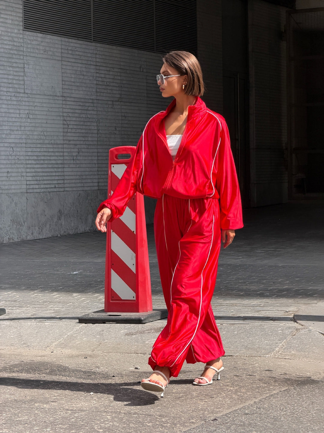 Women's Satin Tracksuit with Zip Jacket and Loose Elastic Waist Pants Mune Fashion