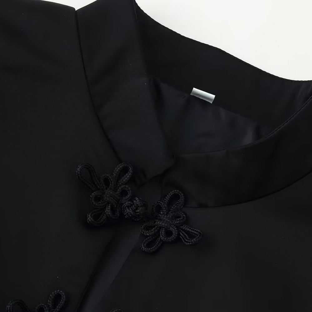 Women's Tailored Short Jacket in Mandarin Style with Decorative Knots Mune Fashion