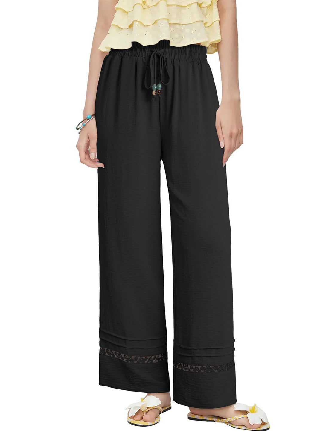 Women's wide linen-look pants with high elastic waistband, drawstring and lace insert Mune Fashion