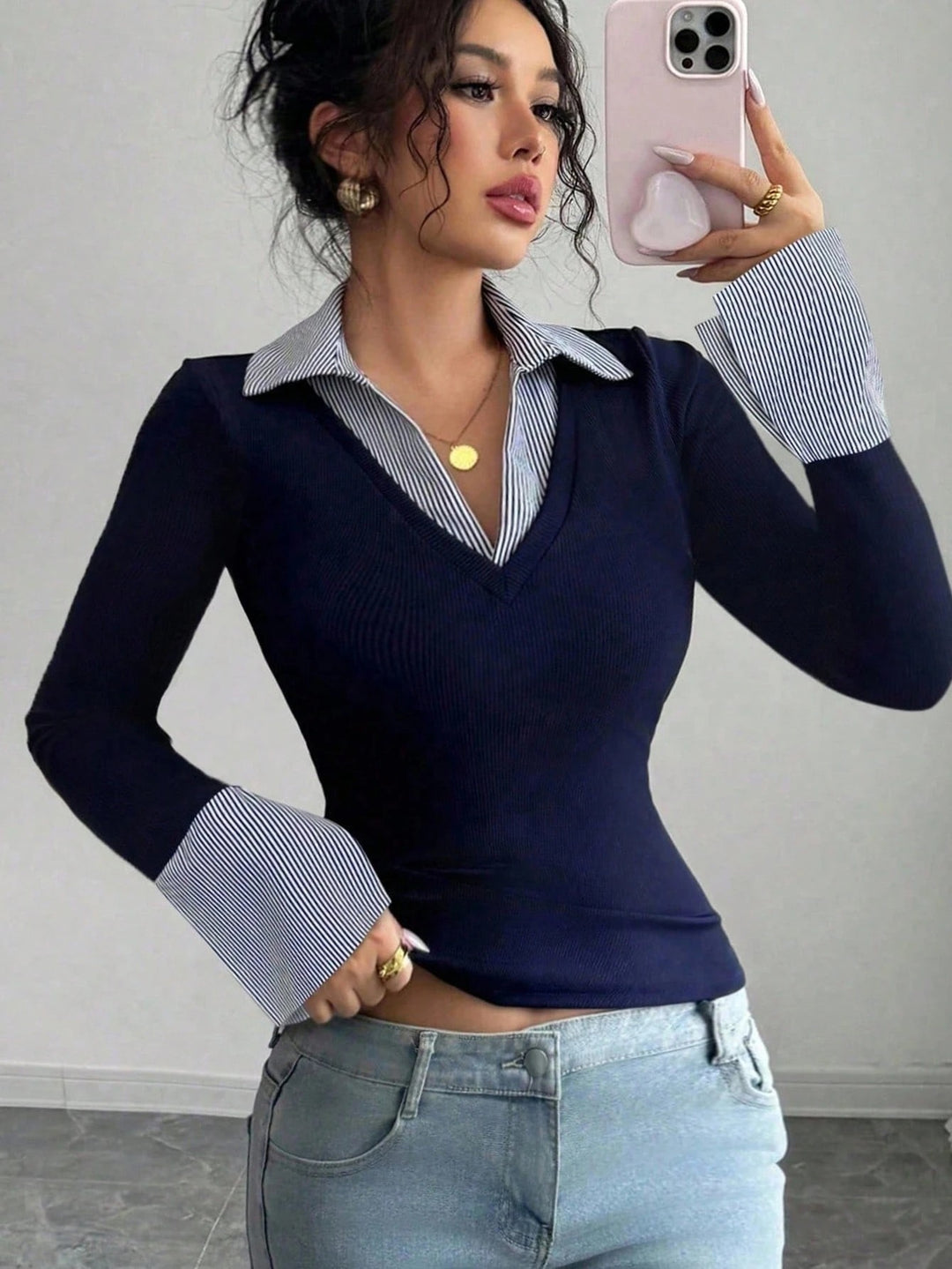 Women's Fitted Fine Knit Top with Shirt Collar and Contrast Cuffs Mune Fashion