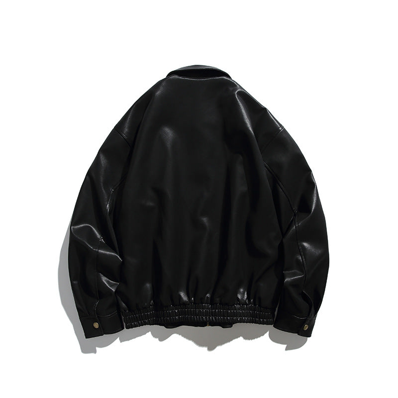 Men's Boxy Faux Leather Bomber Jacket with Concealed Snap Placket, Elastic Hem, and Patch Pockets Mune Fashion
