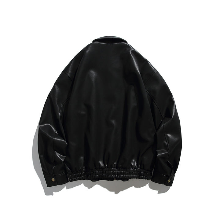 Men's Boxy Faux Leather Bomber Jacket with Concealed Snap Placket, Elastic Hem, and Patch Pockets Mune Fashion