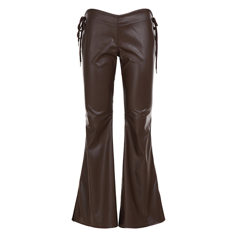 Women High-Waist Flared Trousers made of Faux Leather with Side Decorative Cords Mune Fashion