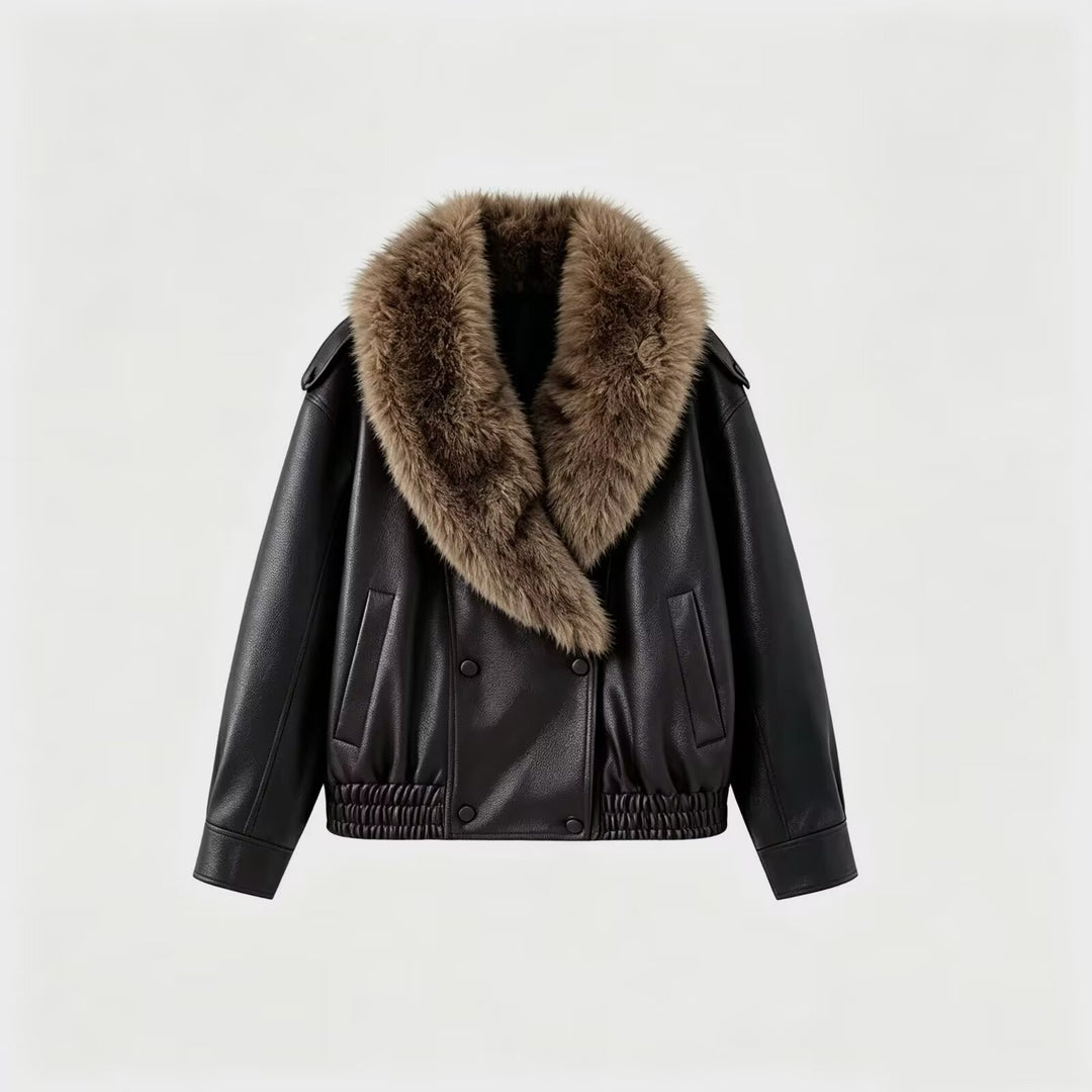 Women's short jacket made of leather look with large faux fur collar Drune