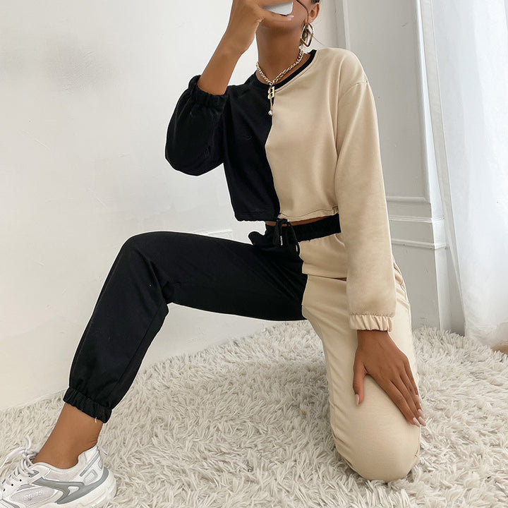 Women's Two-Tone Cropped Jogging Set with Drawstring, Elastic Cuffs, and Boxy Cut Mune Fashion