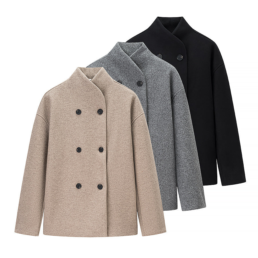 Women’s Oversized Wool Jacket with Double Button Placket and Modern Stand-Up Collar Mune