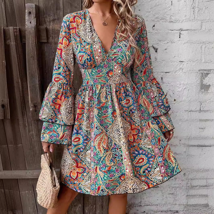 Women nan Boho mini dress with deep V-neck, trumpet sleeves and ruched waist Mune Fashion