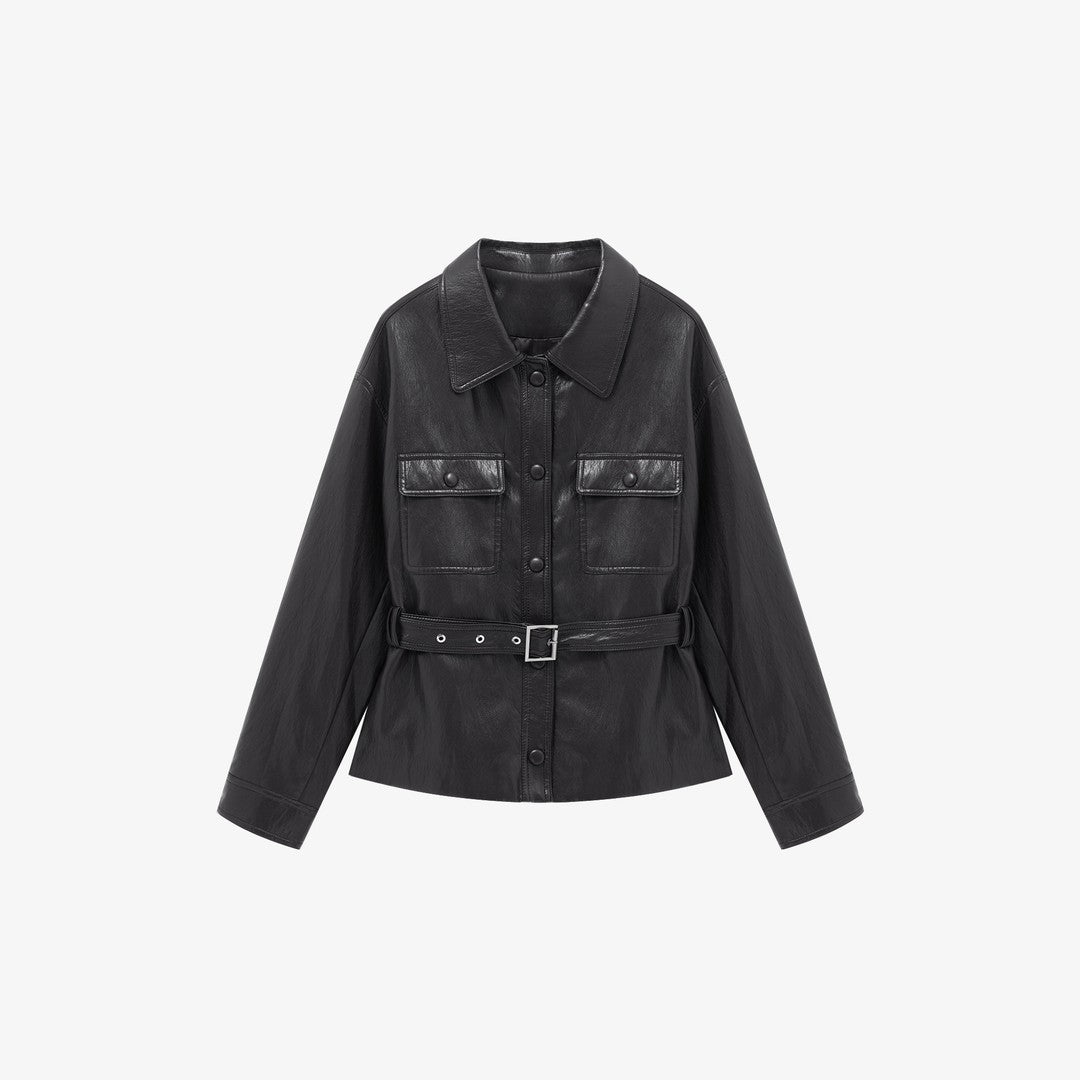 Women’s leather jacket in oversized utility style with waist belt Mune Fashion