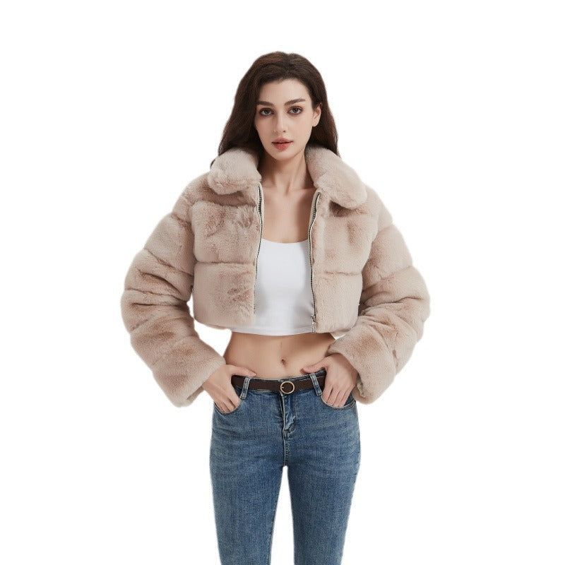Women Cropped Faux Fur Jacket with Horizontal Volume Panels, Stand-Up Lapel Collar and Zipper Mune Fashion