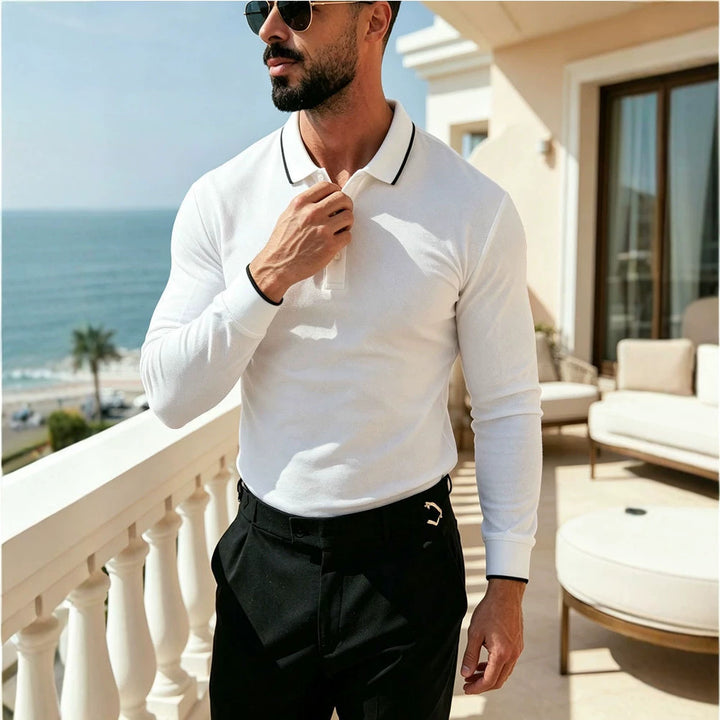 Men's Long Sleeve Functional Polo Shirt with Piqué Structure and Contrast Collar Mune Fashion