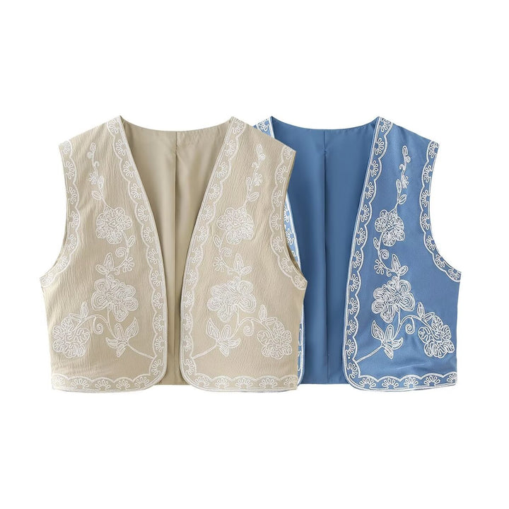 Women's embroidered short vest with floral embroidery, open front and fine hem decoration Mune Fashion