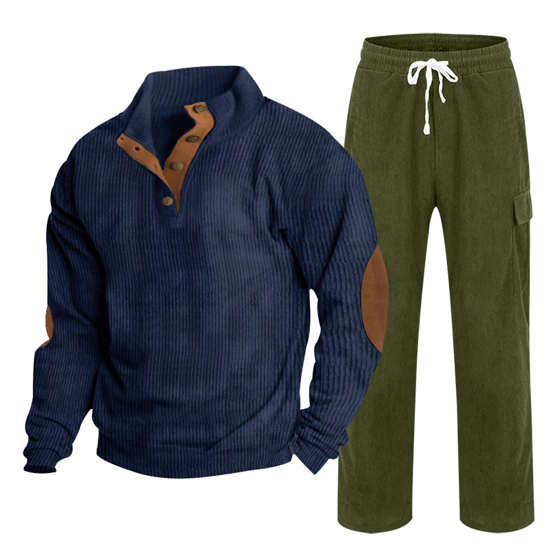 Men's Cozy Leisure Set made of Waffle Knit Henley with Elbow Patch and Relax Cargo Pants Mune Fashion