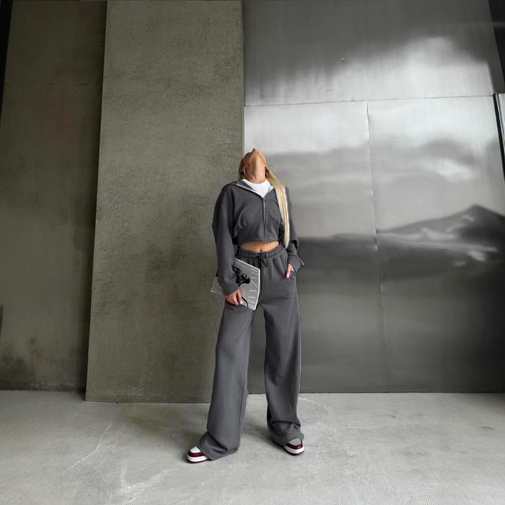 Women's two-piece cropped hoodie set with wide waistband pants cut and fitted zip Mune Fashion