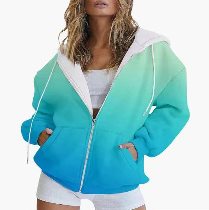 Women Oversize Hoodie Jacket with Gradient Color, Zipper and Kangaroo Pockets Mune Fashion