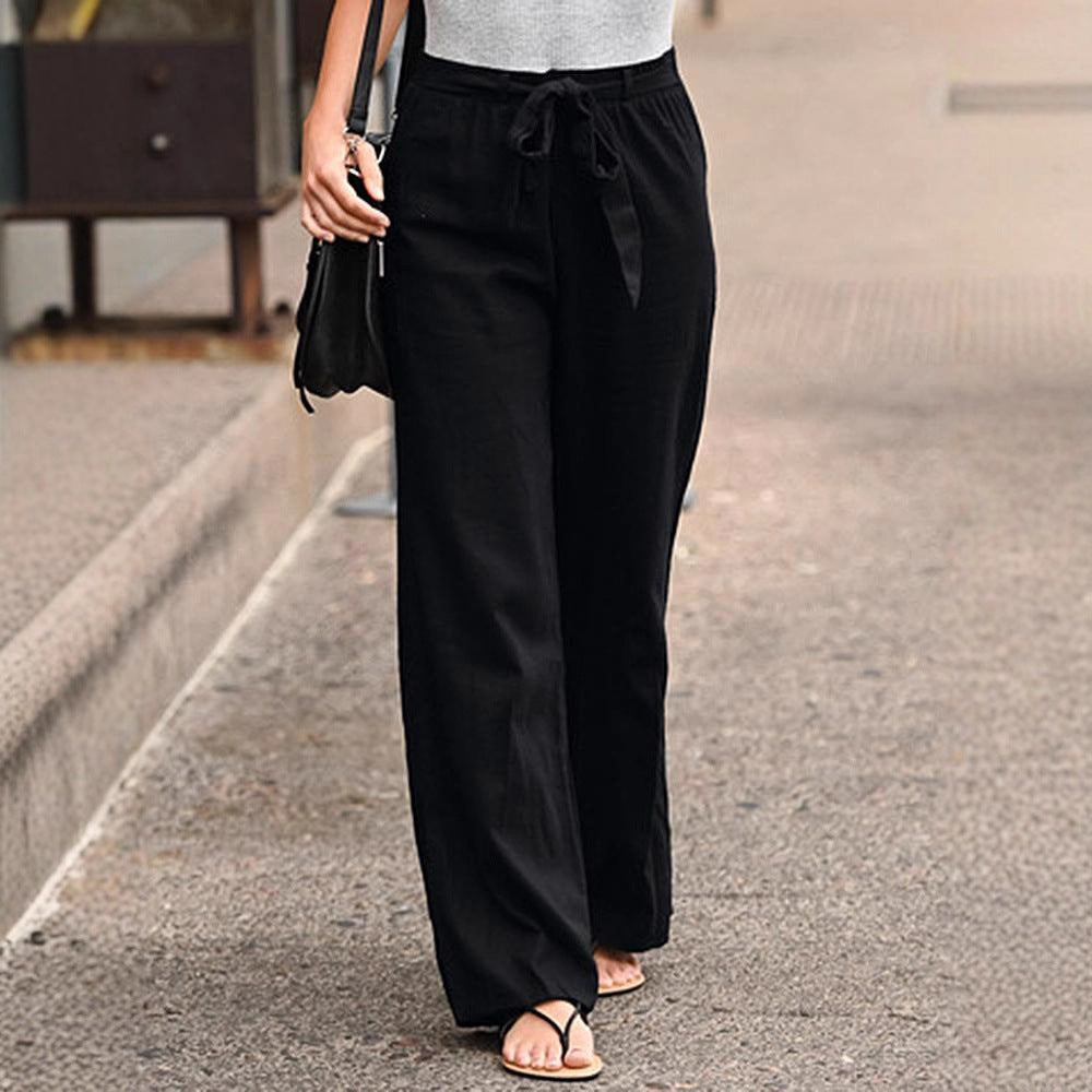 Women's Wide Lounge Pants with High Elastic Waistband and Decorative Tie String Drune