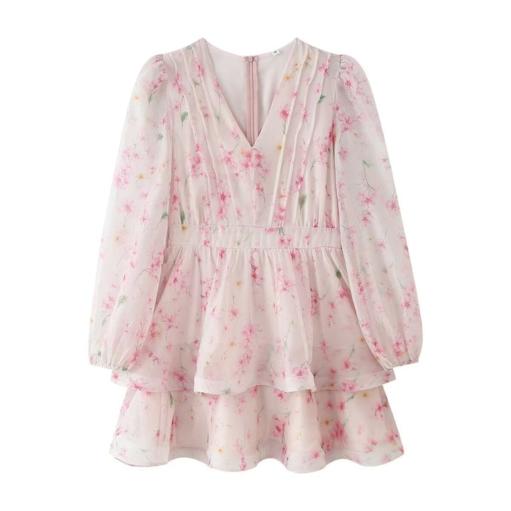 Women Romantic Chiffon Mini Dress with V-Neck, Pleated Top and Tiered Ruffles