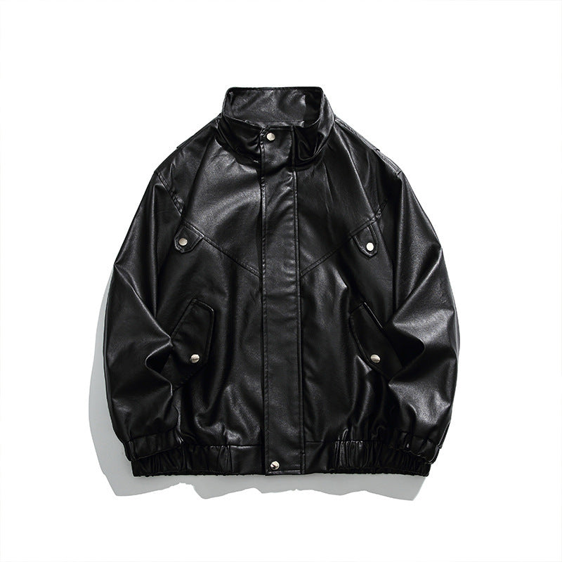 Men's Boxy Faux Leather Blouson Jacket with Stand Collar Snap Placket and Elastic Hem Mune Fashion