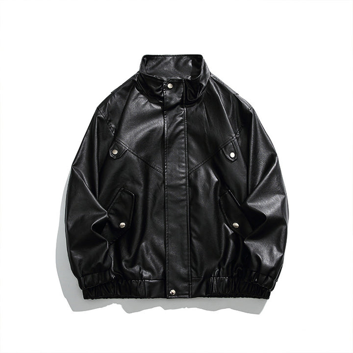 Men's Boxy Faux Leather Blouson Jacket with Stand Collar Snap Placket and Elastic Hem Mune Fashion
