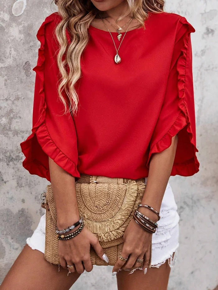 Women's Lightweight Ruffle Cape Top with Wide Batwing Sleeves Drune