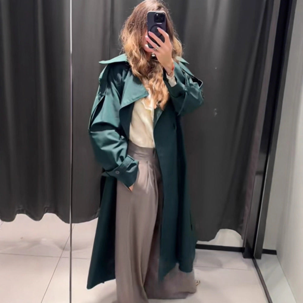 Women Long Water-Repellent Trench Coat with Waist Belt and High Stand Collar Mune Fashion