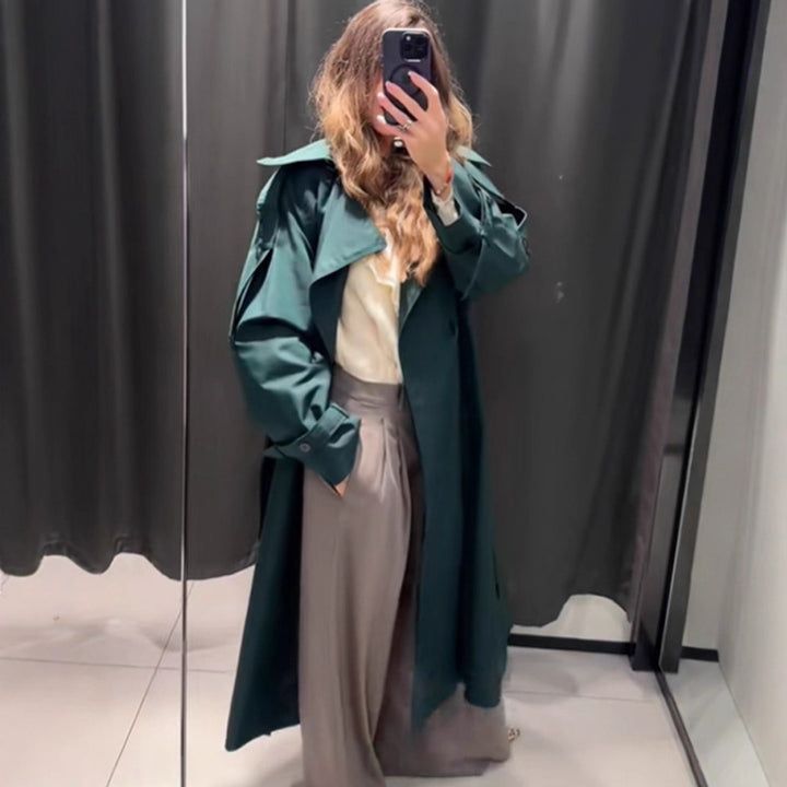 Women Long Water-Repellent Trench Coat with Waist Belt and High Stand Collar Mune Fashion