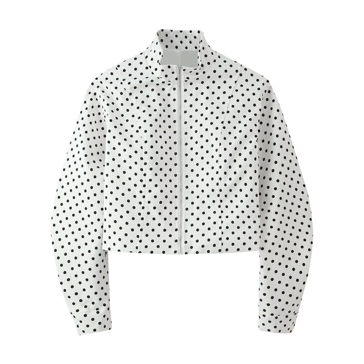 Women's Cropped Blouson Jacket in Retro Dot Print with Stand-Up Collar and Shaping Panel Seams Mune Fashion