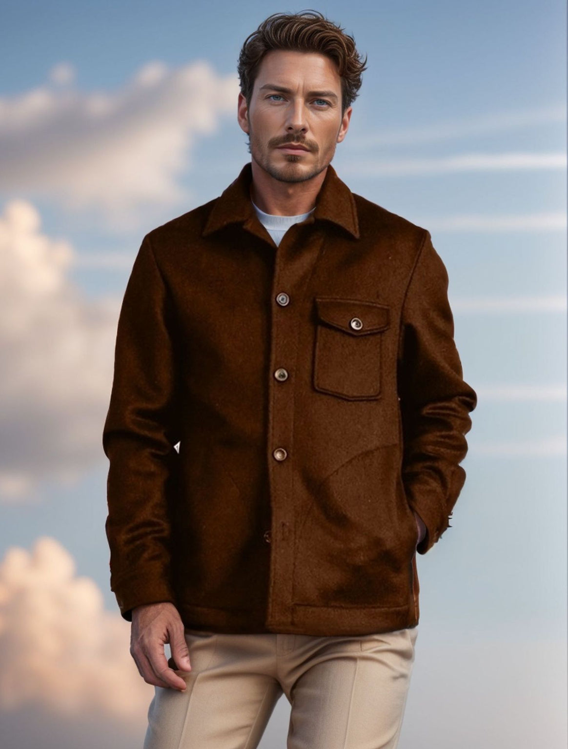 Men's shirt jacket made of wool blend with patch chest pocket and classic shirt collar Mune Fashion