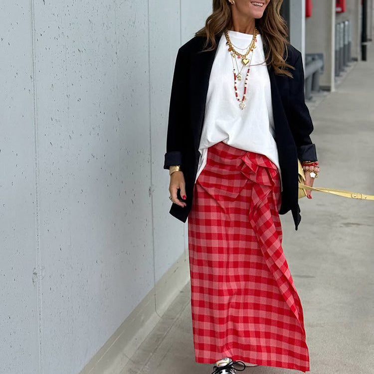 Women's maxi skirt with Vichy check, side ruffle gathering & wrap look Mune Fashion