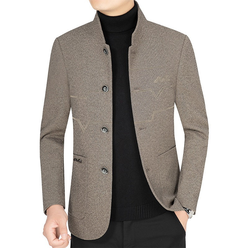 Men's Stand Collar Blazer made of textured wool blend with decorative seams and patch pockets Mune Fashion