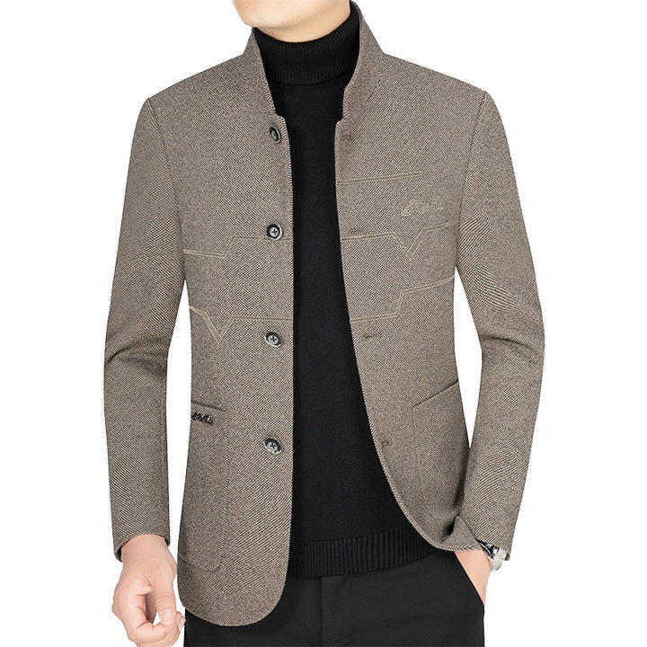 Men's Stand Collar Blazer made of textured wool blend with decorative seams and patch pockets Mune Fashion