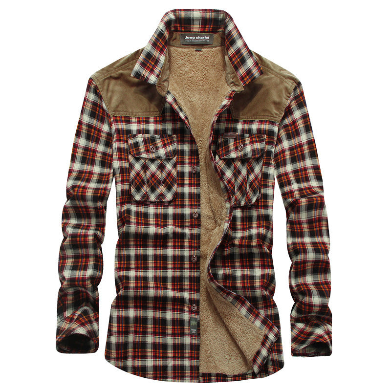 Men's Checked Flannel Shirt with Teddy Lining and Cord Shoulder Patches Mune Fashion