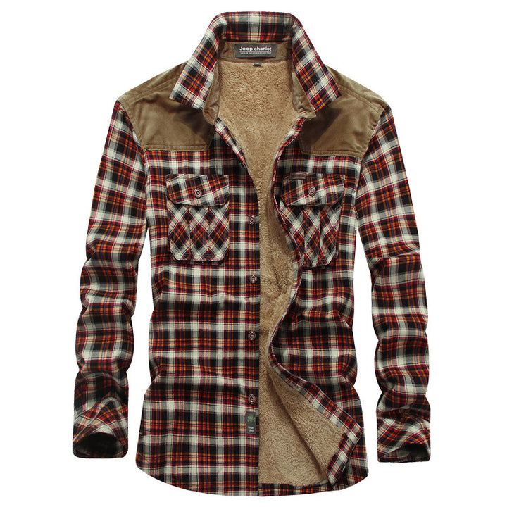Men's Checked Flannel Shirt with Teddy Lining and Cord Shoulder Patches Mune Fashion