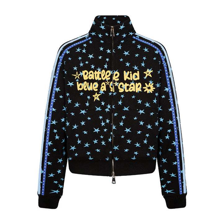 Women's sweat jacket in retro track style with stand-up collar, star print, and contrast stripes.