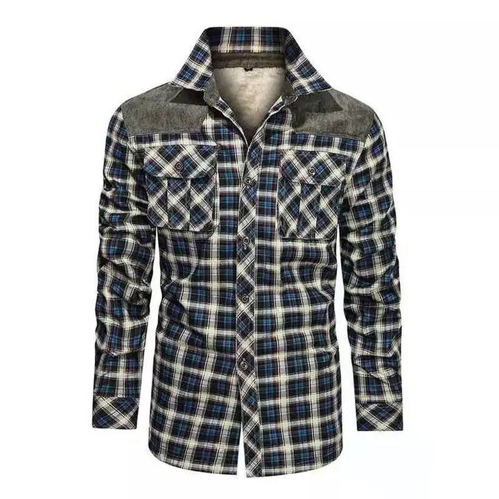 Men's check flannel jacket with teddy lining, velvet trim, and breast pockets Mune Fashion
